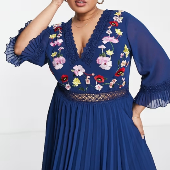 Asos Lace insert pleated Floral Embroidery Midi Dress Navy - Picture 3 of 11
